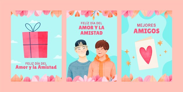 Coleção de cartões em aquarela para celebração do dia do amor e da amizade