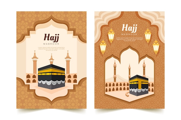 Vetor grátis coleção de cartões planos hajj mubarak com meca