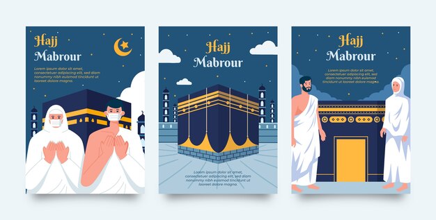 Coleção de cartões planos hajj mubarak com pessoas rezando e meca