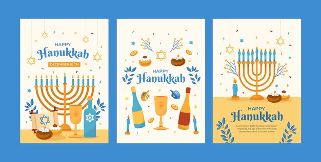 Coleção de cartões planos para celebração de hanukkah com menorá e garrafas de vinho