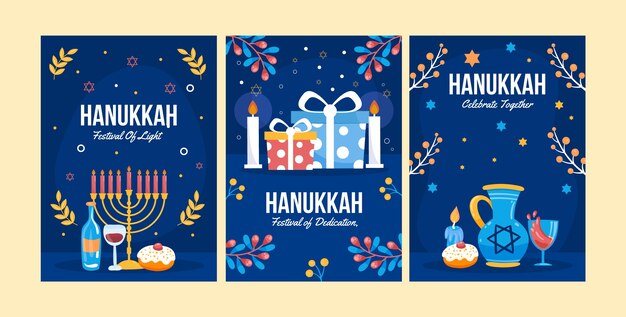 Coleção de cartões planos para celebração de hanukkah com presentes e menorá
