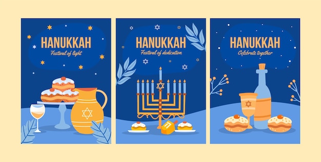 Vetor grátis coleção de cartões planos para celebração judaica de hanukkah