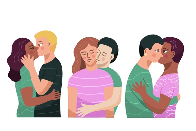 Coleção de casais desenhados a mão beijando