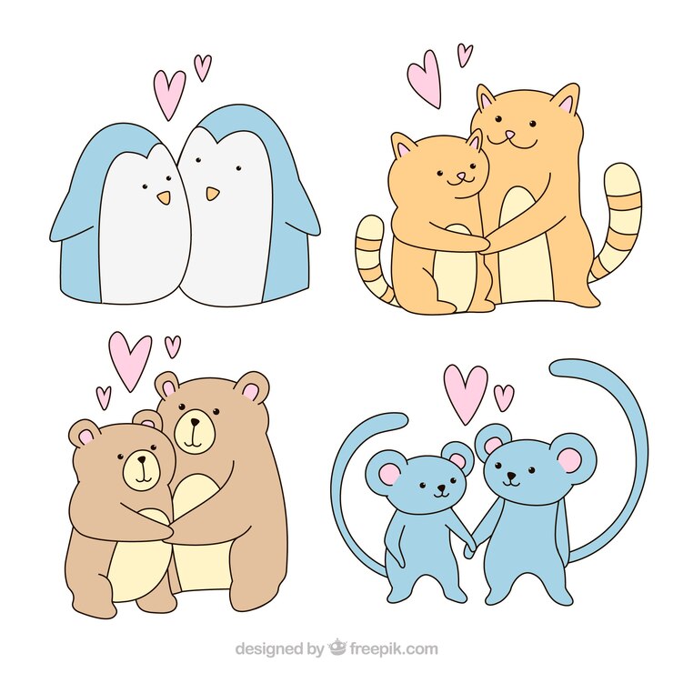 Vetor grátis coleção de casal de animais desenhada à mão para o dia dos namorados