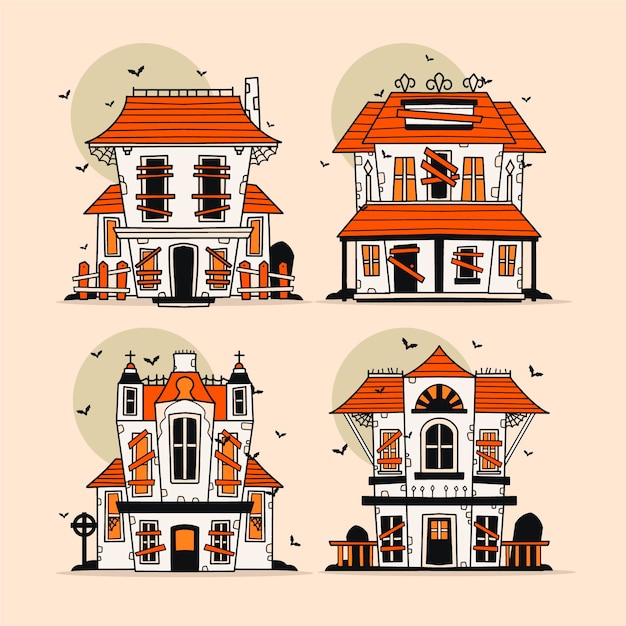 Coleção de casas assombradas de Halloween desenhada à mão