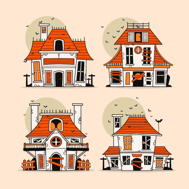 Coleção de casas assombradas de Halloween desenhada à mão