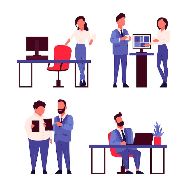 Vetor grátis coleção de cenas do dia de trabalho plano