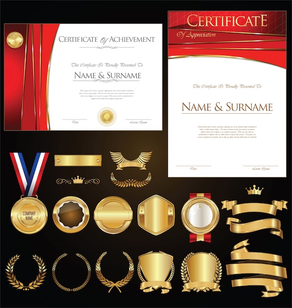 Coleção de certificados emblemas rótulos escudos e louros Vetor Premium