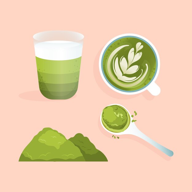 Coleção de chá matcha isolado em fundo rosa