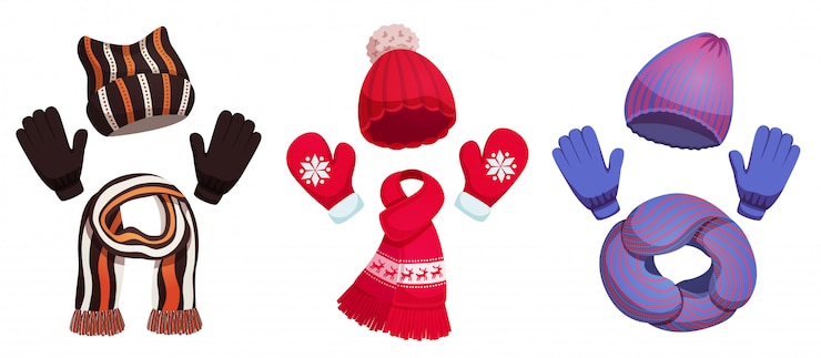 Vetor grátis coleção de chapéus de cachecol de inverno sazonal com três conjuntos de ilustração colorida de roupas de clima frio