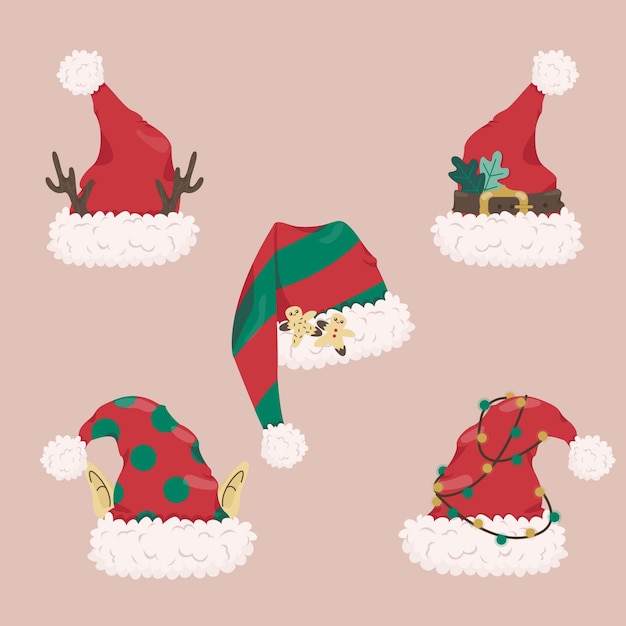 Coleção de chapéus de Papai Noel desenhada à mão