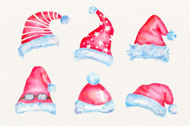 Vetor grátis coleção de chapéus de papai noel em aquarela