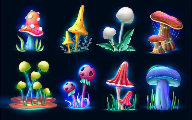 Coleção de cogumelos de fantasia mágica estilo desenho animado brilhando no escuro e isolados