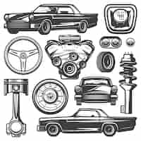 Vetor grátis coleção de componentes de carros antigos com motor de automóvel pistão volante faróis de pneu velocímetro caixa de câmbio amortecedor isolado