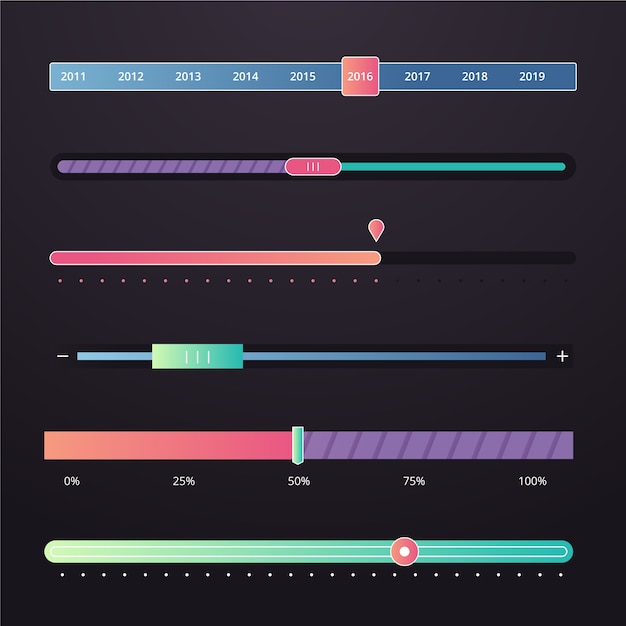 Vetor grátis coleção de controles deslizantes de interface do usuário em gradiente