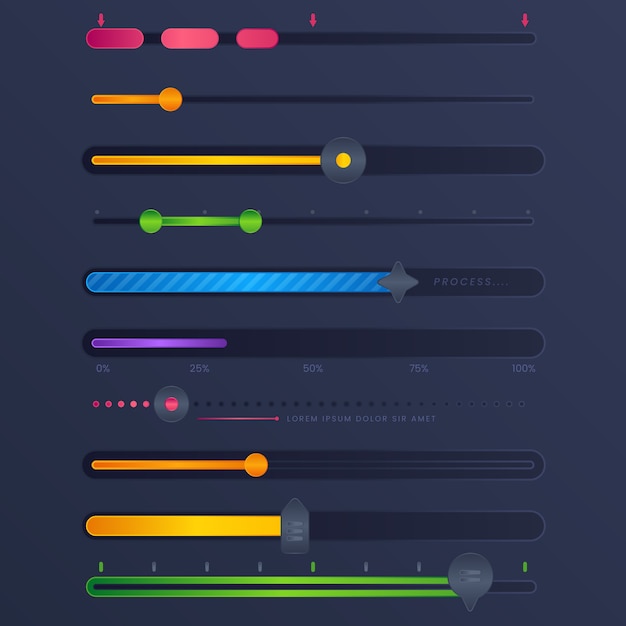 Coleção de controles deslizantes de interface do usuário em gradiente