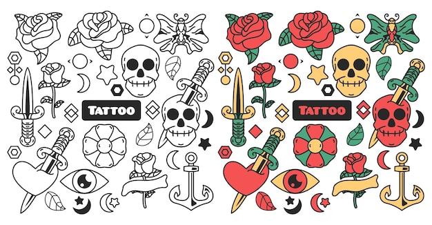 Coleção de cores de tatuagem e rabiscos monocromáticos, conjunto de arte de linha de tatuagem