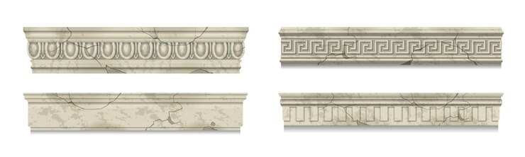 Vetor grátis coleção de cornijas de mármore antigas rachadas com padrão clássico isolado em ilustração vetorial realista de fundo branco