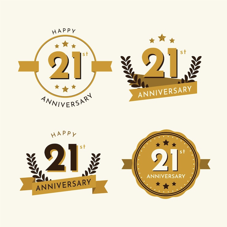 Vetor grátis coleção de crachás de 21 anos de design plano