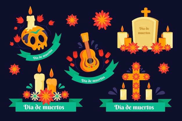 Vetor grátis coleção de crachás de dia de muertos em design plano