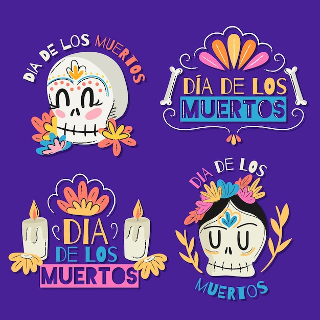 Coleção de crachás de dia de muertos em design plano