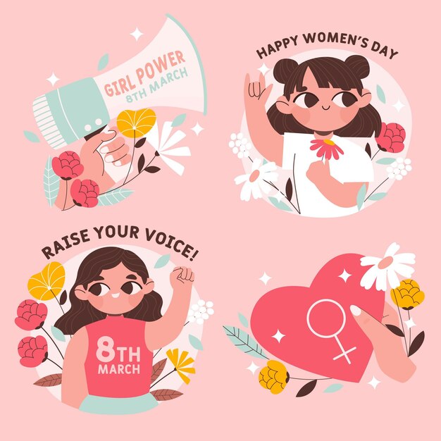Coleção de crachás do dia internacional da mulher desenhada à mão