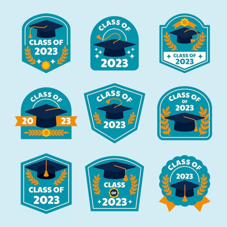 Vetor grátis coleção de crachás planos para a formatura da turma de 2023