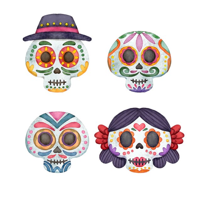 Coleção de crânios em aquarela de dia de muertos