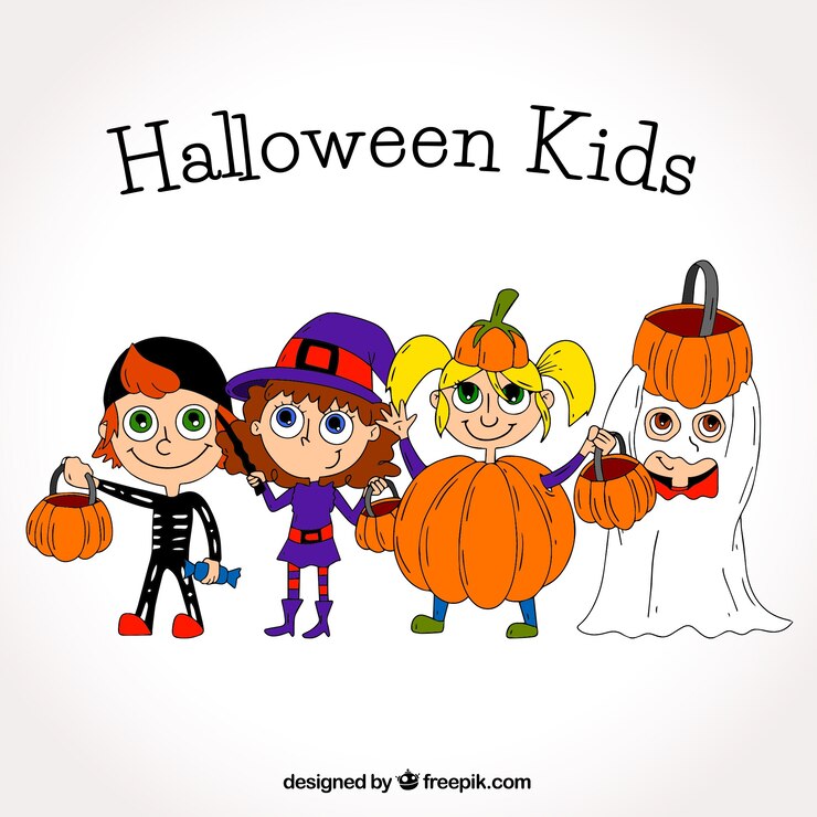 Vetor grátis coleção de crianças disfarçadas no halloween