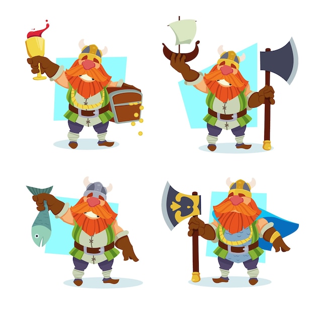 Vetor grátis coleção de desenhos animados bonitos viking em fantasia segurando copo de peixe de caixa de vinho de espada de ouro