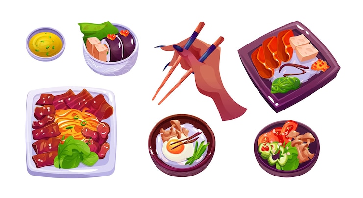 Vetor grátis coleção de desenhos animados de comida tradicional coreana