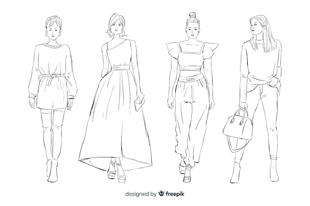 Vetor grátis coleção de desenhos de moda com modelos