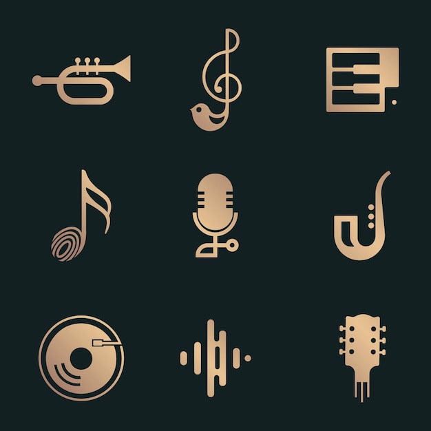 Coleção de design de ícone de vetor de música plana em preto e dourado