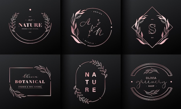 Coleção de design de logotipo de luxo. Emblemas de ouro rosa com iniciais e decoração floral para logotipo da marca, identidade corporativa e design de monograma de casamento.