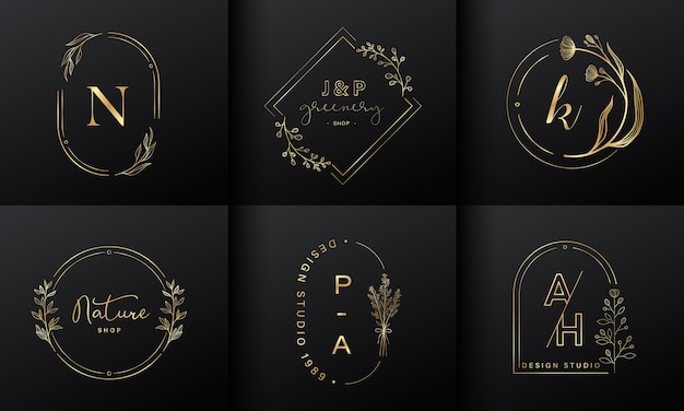 Coleção de design de logotipo de luxo. emblemas dourados com iniciais e decoração floral para logotipo da marca, identidade corporativa e design de monograma de casamento.