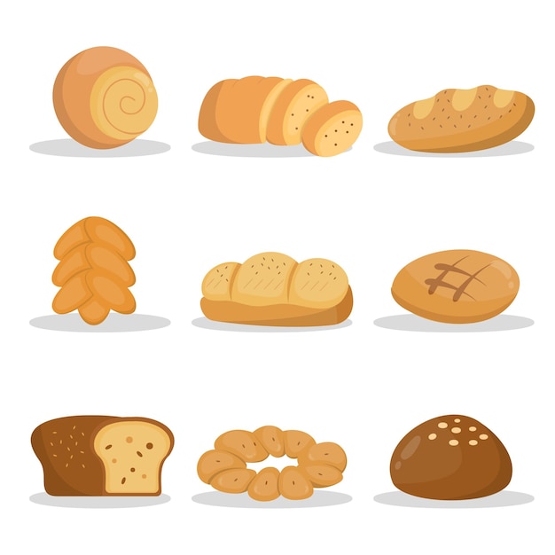 Vetor grátis coleção de design desenhado com pão de trigo em vários tipos de pretzel muffin pita ciabatta croissant bagel torrada pão francês baguete conceito de padaria desenho ilustração vetorial