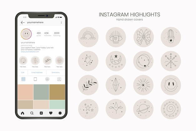 Vetor grátis coleção de destaques do instagram desenhada à mão