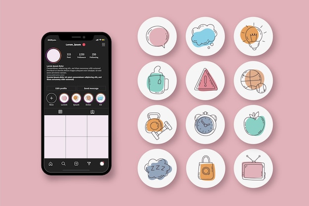 Vetor grátis coleção de destaques do instagram desenhada à mão