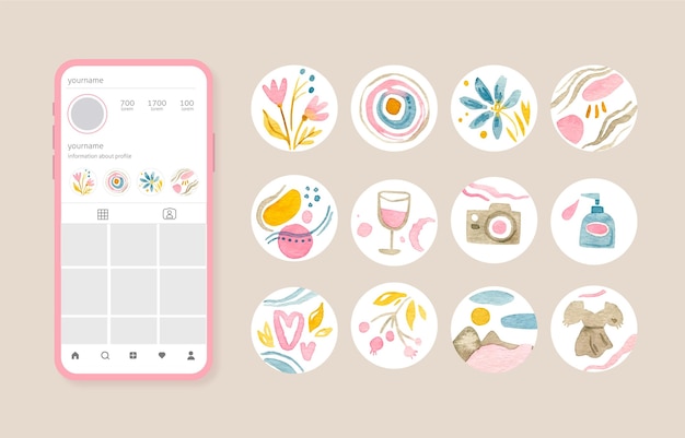 Vetor grátis coleção de destaques do instagram em aquarela