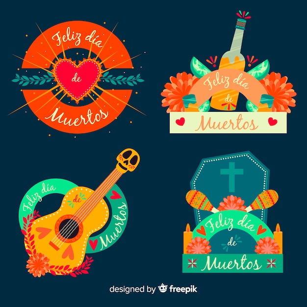 Vetor grátis coleção de distintivo de dia de muertos de design plano