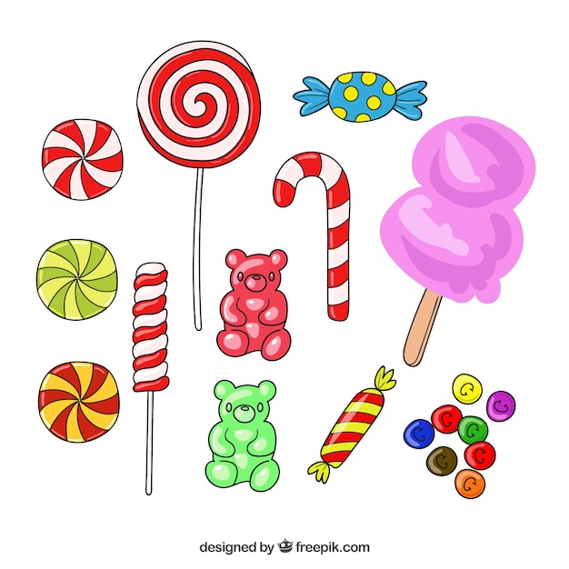 Coleção de doces coloridos na mão desenhada estilo