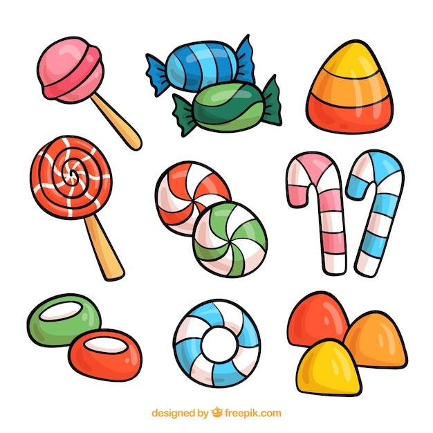 Coleção de doces coloridos na mão desenhada estilo