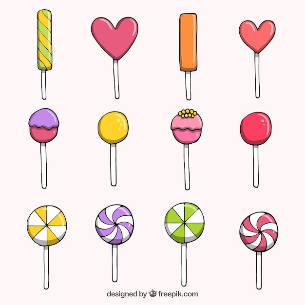 Coleção de doces coloridos na mão desenhada estilo