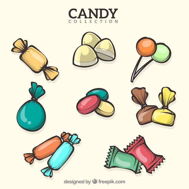 Coleção de doces coloridos na mão desenhada estilo