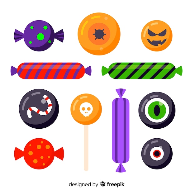 Coleção de doces de halloween colorido com design plano