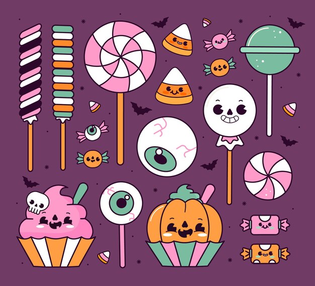 Coleção de doces de halloween desenhada à mão