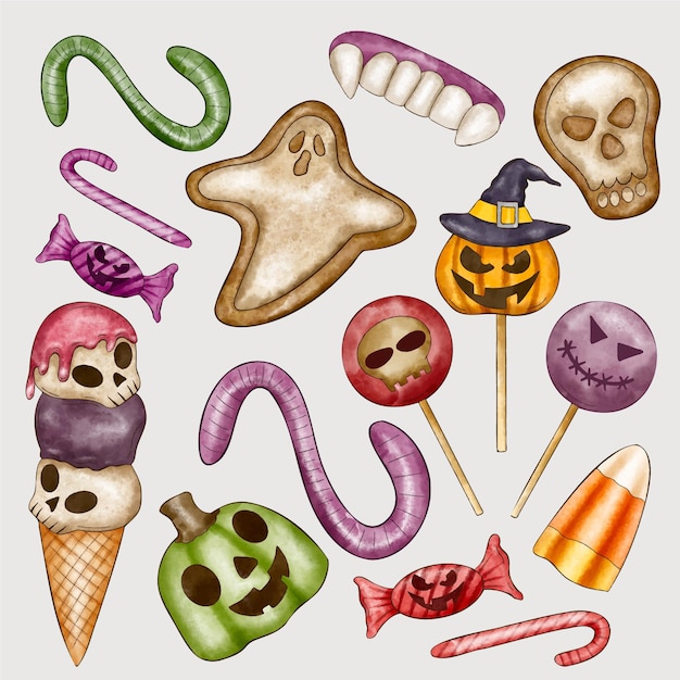 Coleção de doces de halloween em aquarela