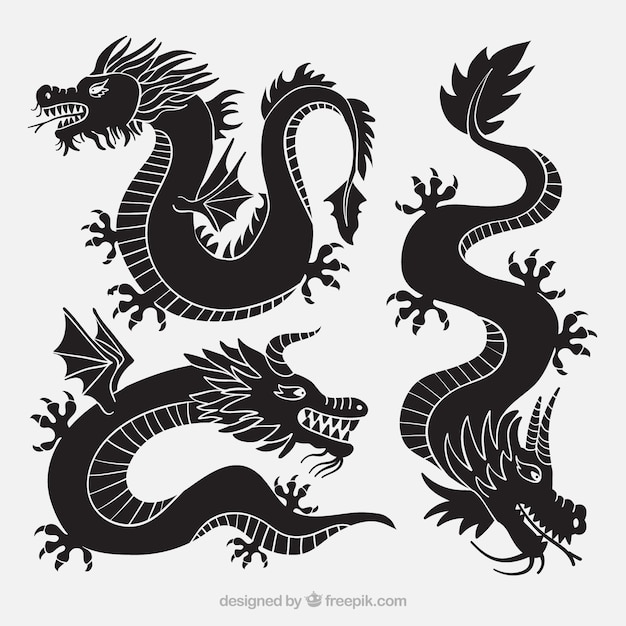 Vetor grátis coleção de dragões na cor preta