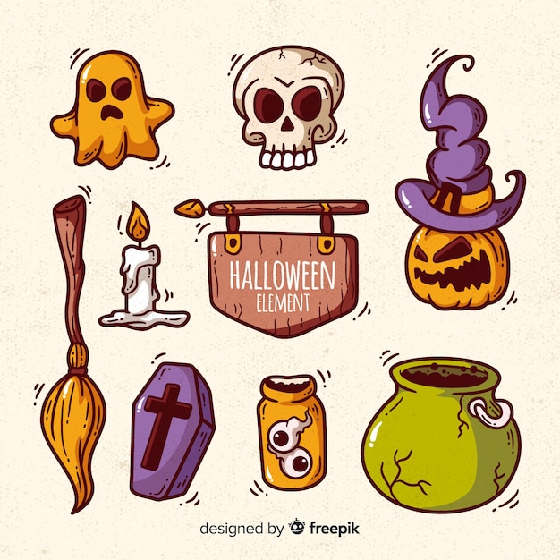 Coleção de elemento de halloween colorido mão desenhada