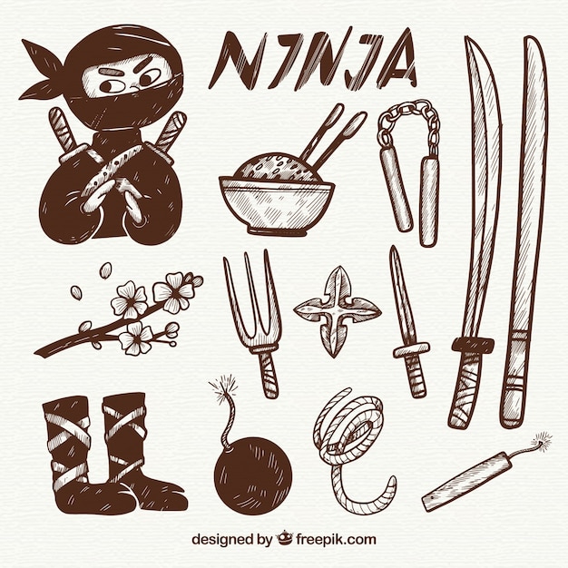 Coleção de elemento ninja mão desenhada